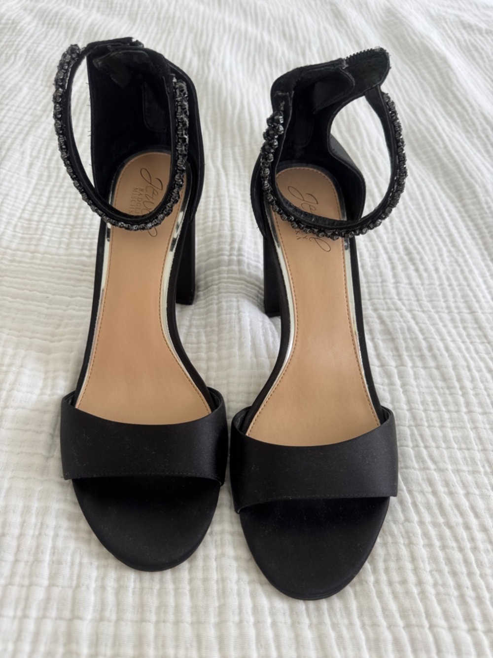 Badgley Mischka Black Beaded Ankle-Strap Block Heels